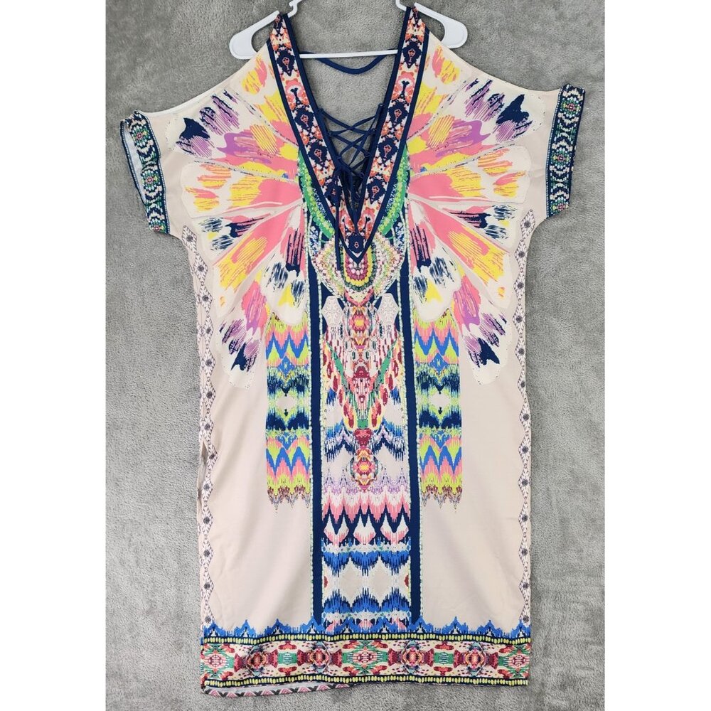 Flying Tomato Kaftan Dress Womens Medium Boho Retro Print Lace Up Neck Festival